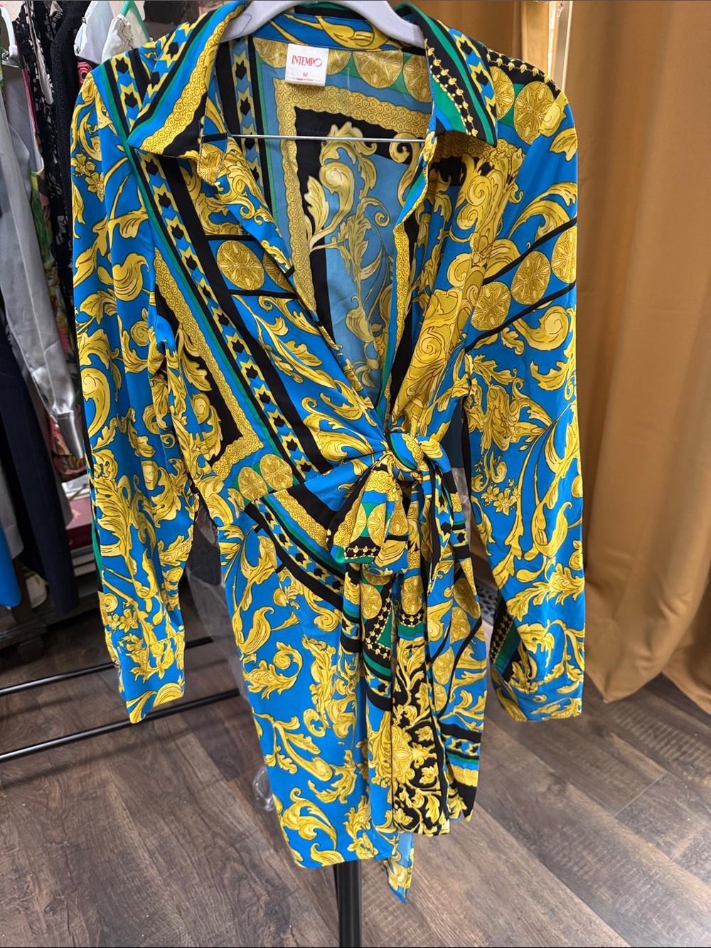 Vibrant Blue & Gold Printed Midi Dress with Tie Waist